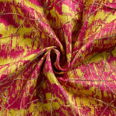 Jacquard Stof Modern Fuchsia Geel Goud