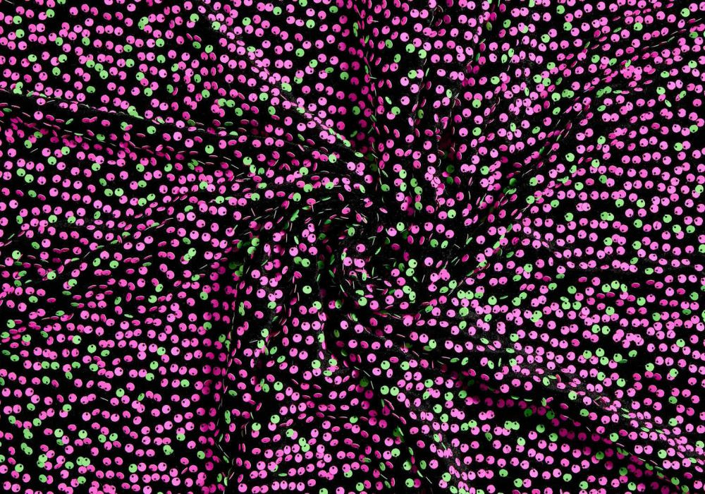 Zwarte Pailletten Stof met Roze Groene Pailletten