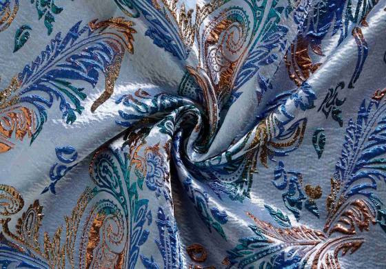 Jacquard Brokaat Paisley Stof Glans Blauw
