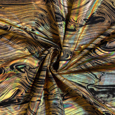 Metallic Glansstof Lycra 4-Way Stretch Holografisch - Zwart Goud