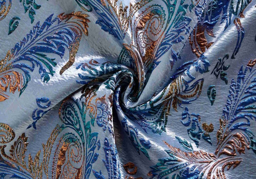 Jacquard Brokaat Paisley Stof Glans Blauw